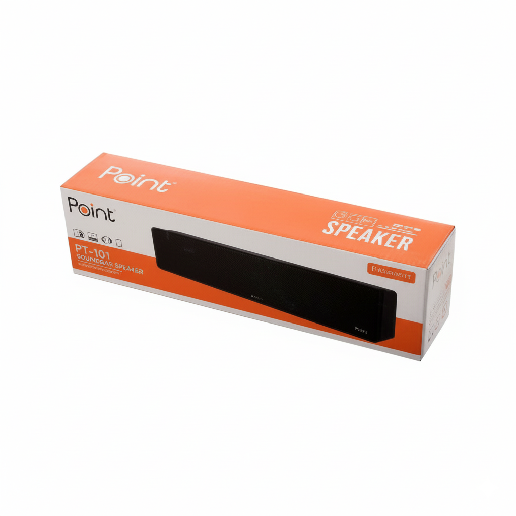 Box of a Point brand speaker on a white background