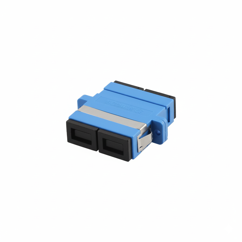 Blue and black fiber optic connector on a white background
