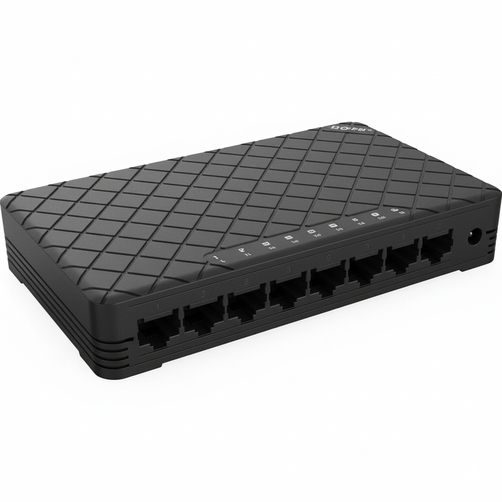 Black network switch with multiple ports on a white background