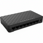 Black network switch with multiple ports on a white background