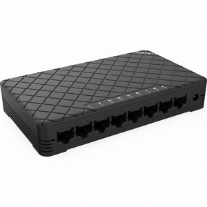Black network switch with multiple ports on a white background