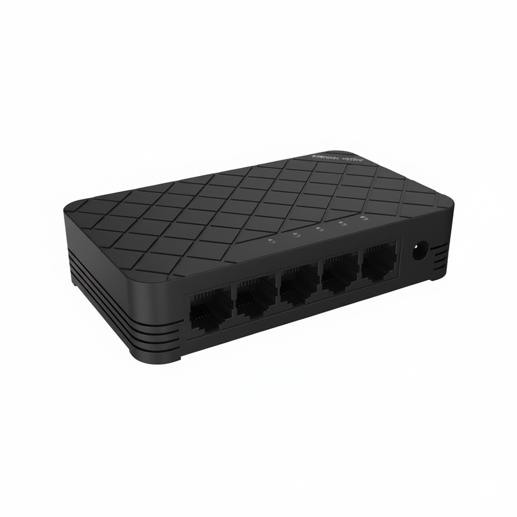 Black Ethernet switch with multiple ports on a white background