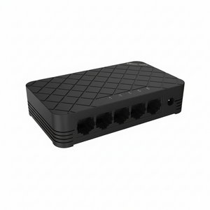 Black Ethernet switch with multiple ports on a white background