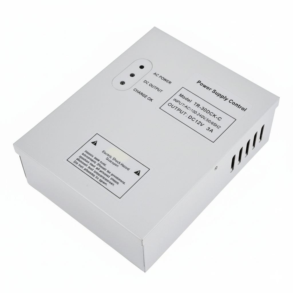 Power supply control unit with labels on a white background