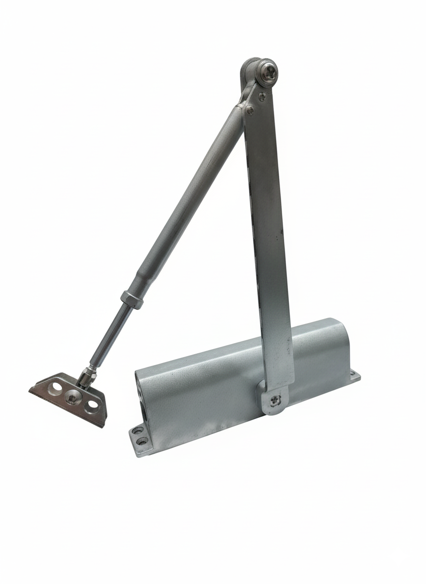 Metal door closer on a white background