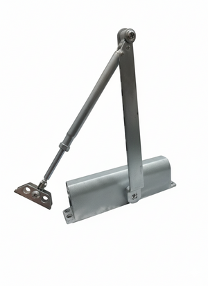 Metal door closer on a white background