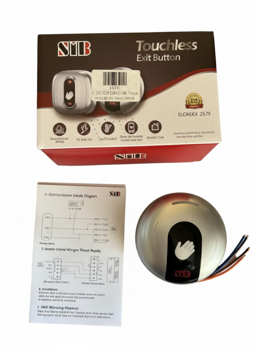 Touchless exit button with packaging, wiring diagram, and hand symbol on a white background