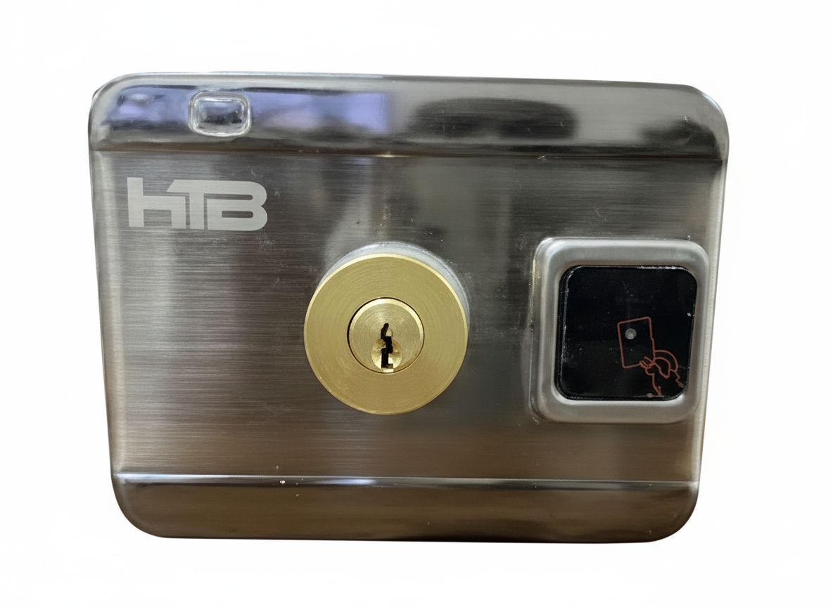 Metallic door lock with keyhole and HIB branding on a white background