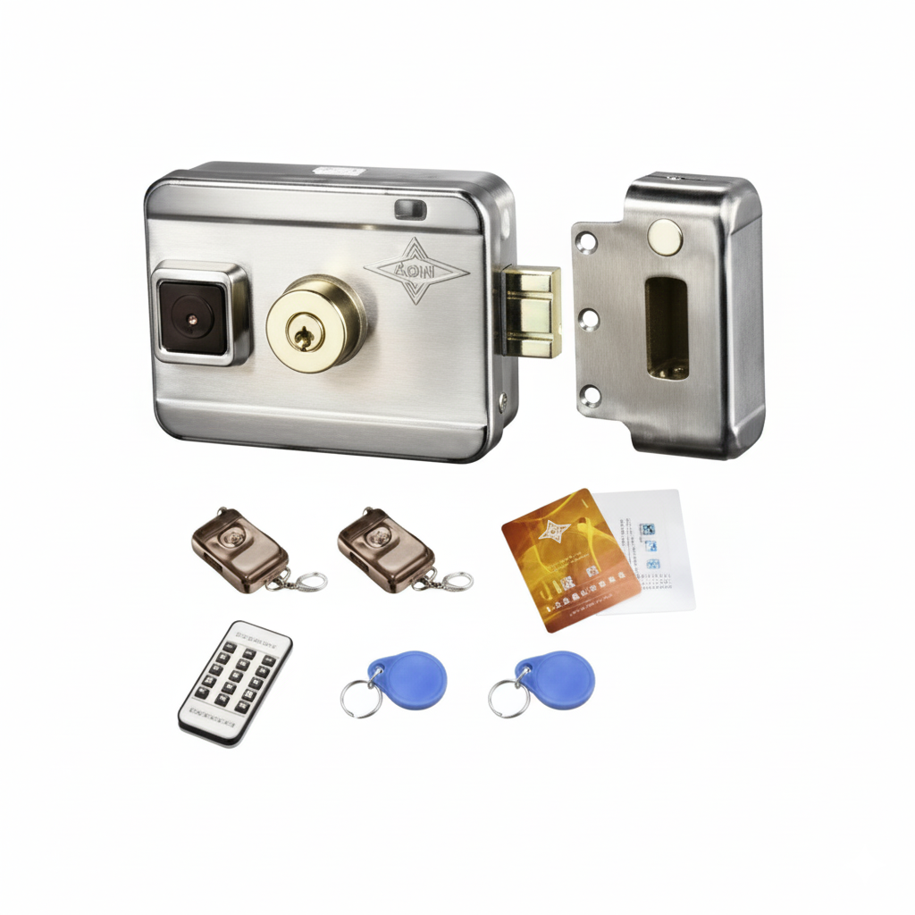 Door lock set with remote control, keys, and installation hardware on a white background