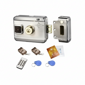 Door lock set with remote control, keys, and installation hardware on a white background
