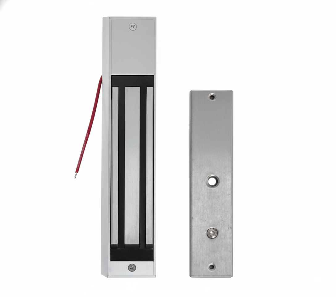 Two metallic door access control components on a white background