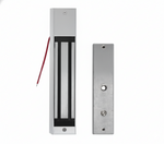 Two metallic door access control components on a white background