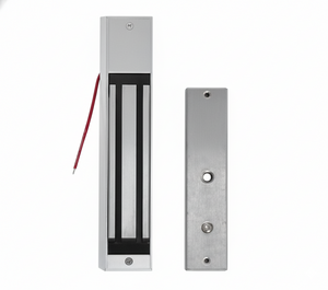 Two metallic door access control components on a white background