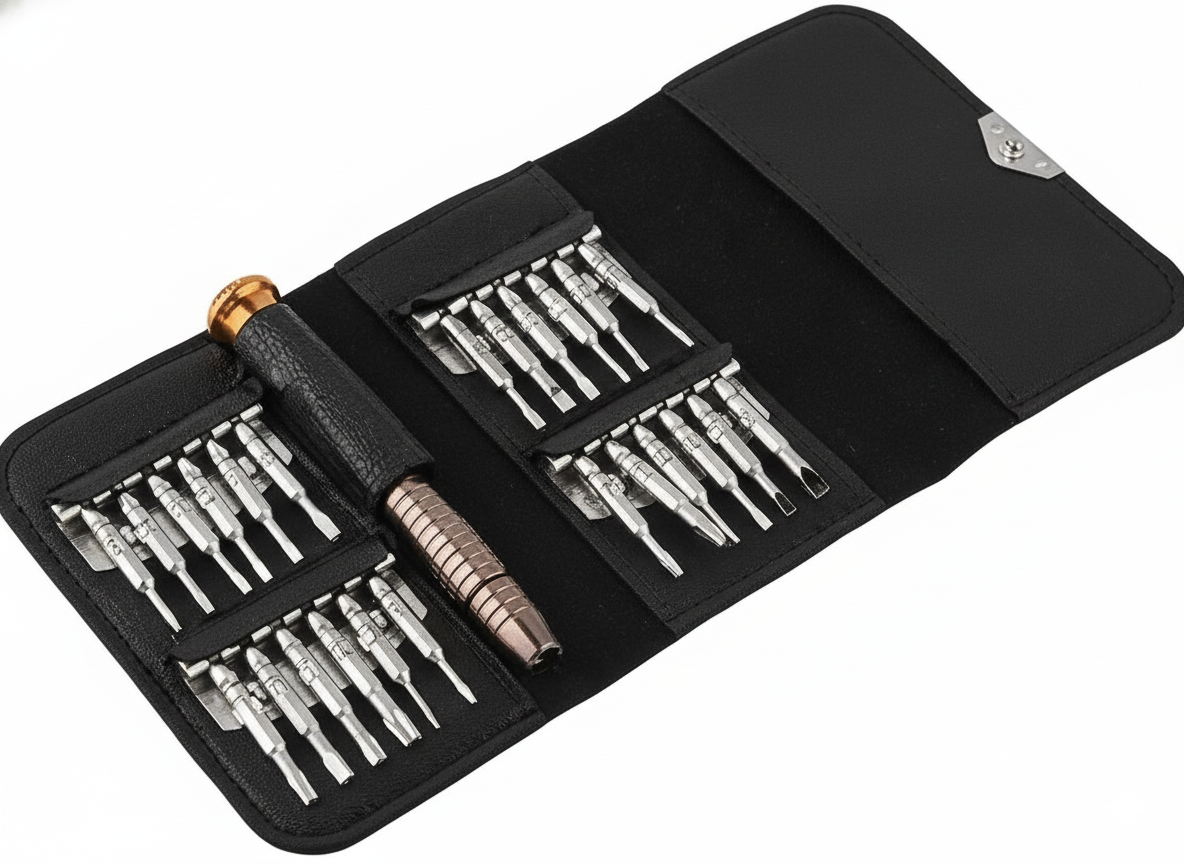 Set of screwdrivers in a black case on a white background