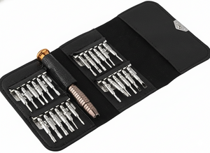 Set of screwdrivers in a black case on a white background