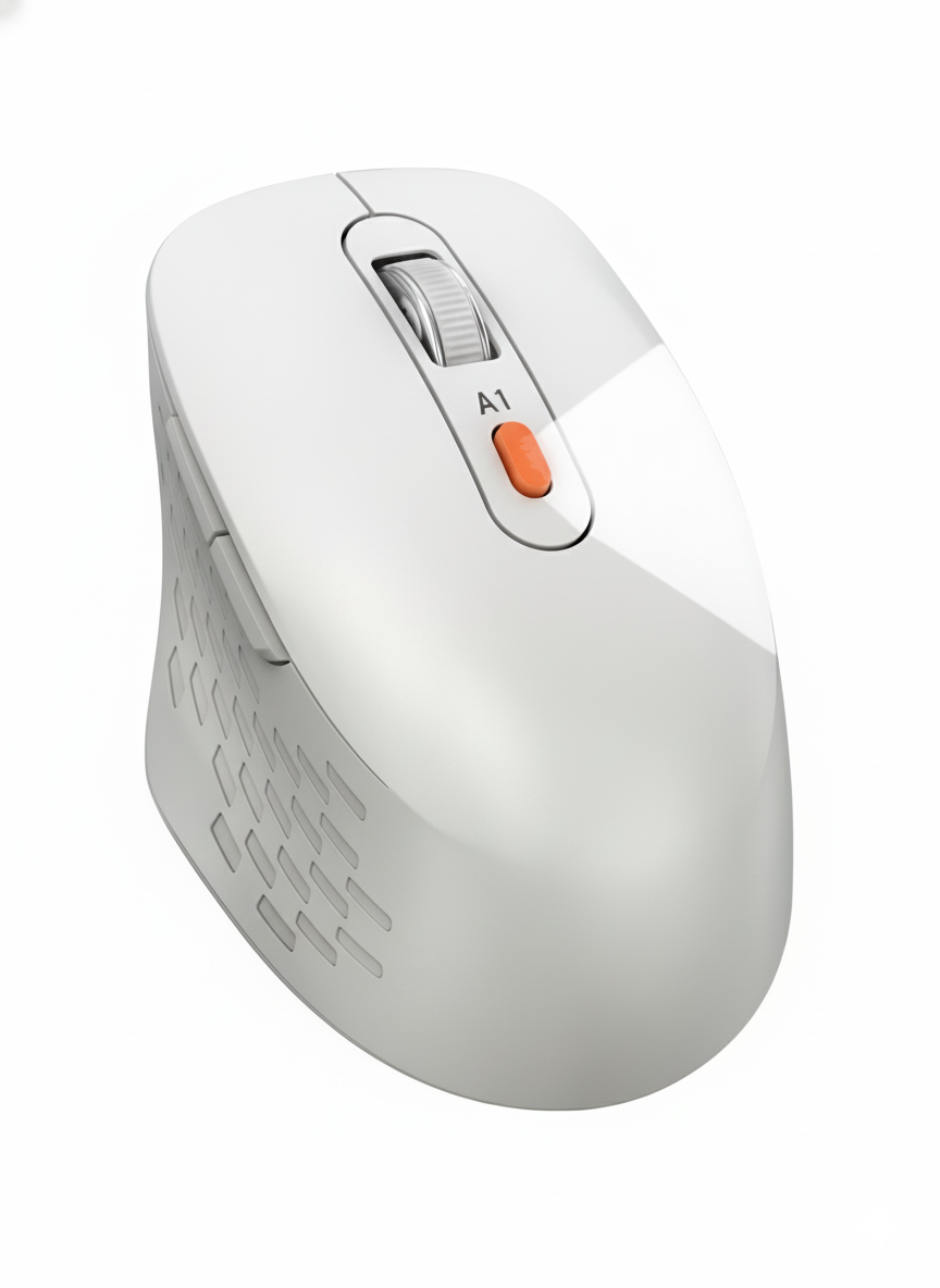 White computer mouse with a red button on a white background