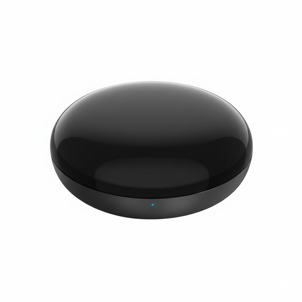 Black round electronic device on a white background