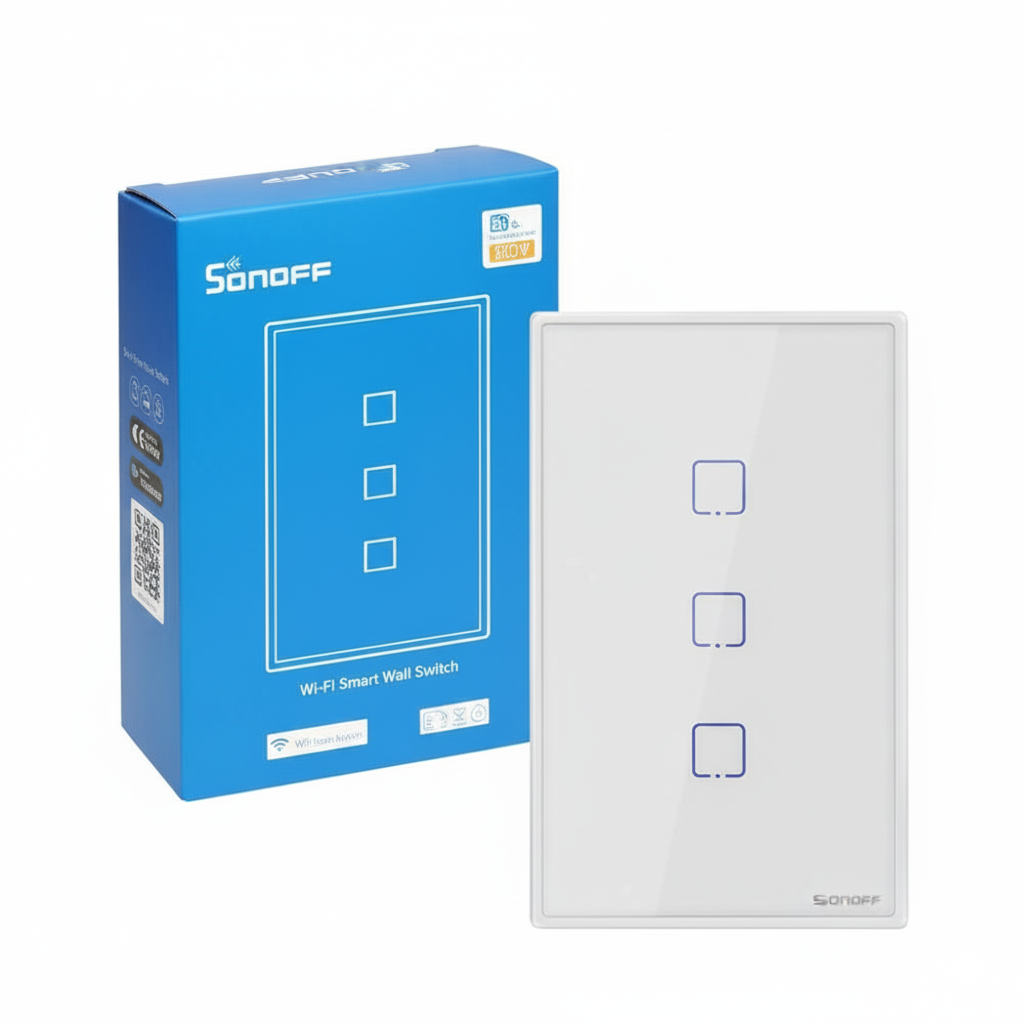 Sonoff Wi-Fi smart wall switch packaging and switch on a white background