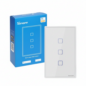 Sonoff Wi-Fi smart wall switch packaging and switch on a white background