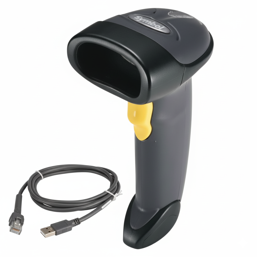 Barcode scanner with USB cable on a white background