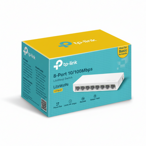TP-Link switch packaging with yellow and blue design on a white background