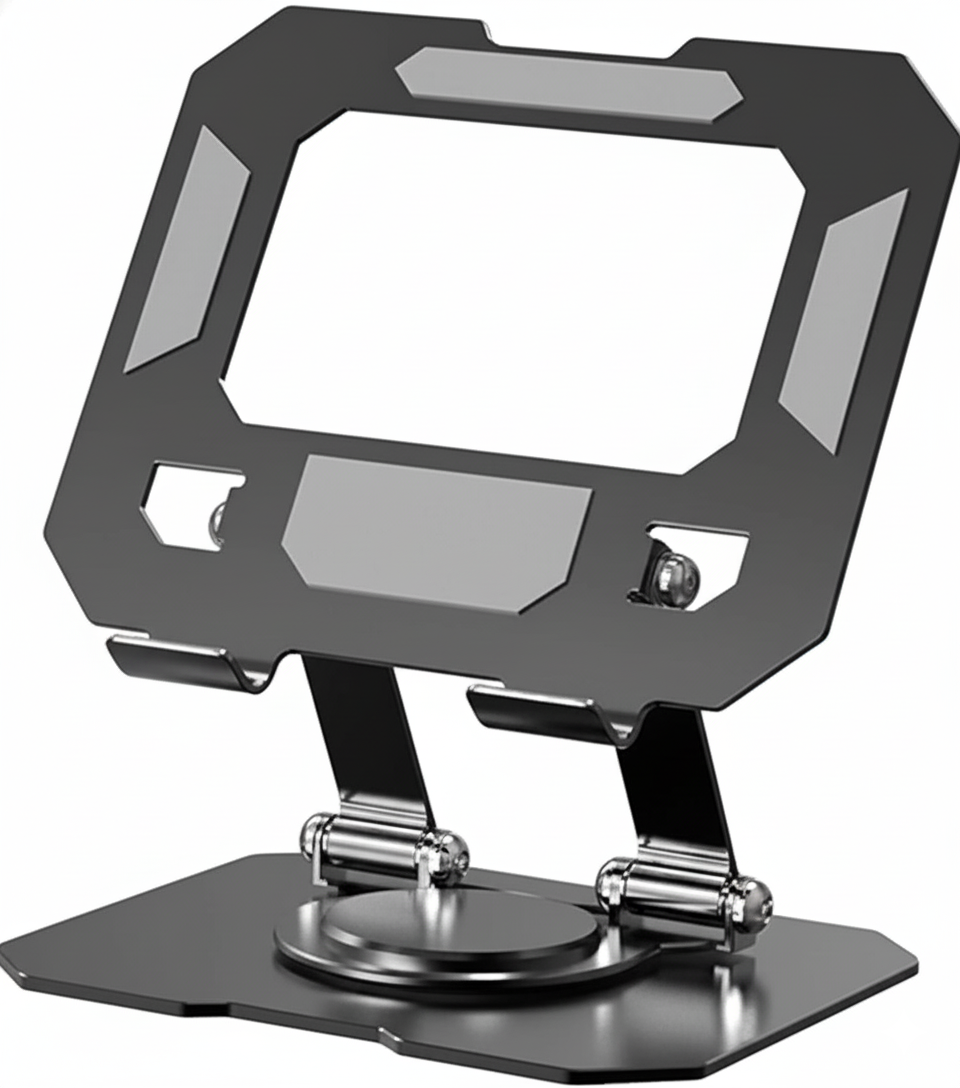 Black metal stand with adjustable arm on a white background