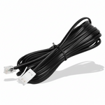 Coiled black cable with telephone connectors on a white background