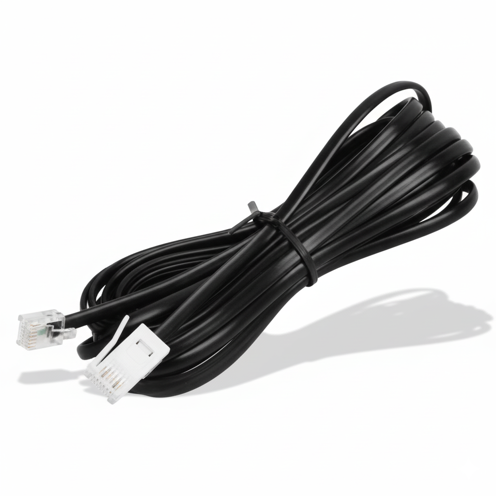 Coiled black cable with telephone connectors on a white background