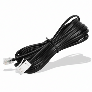 Coiled black cable with telephone connectors on a white background