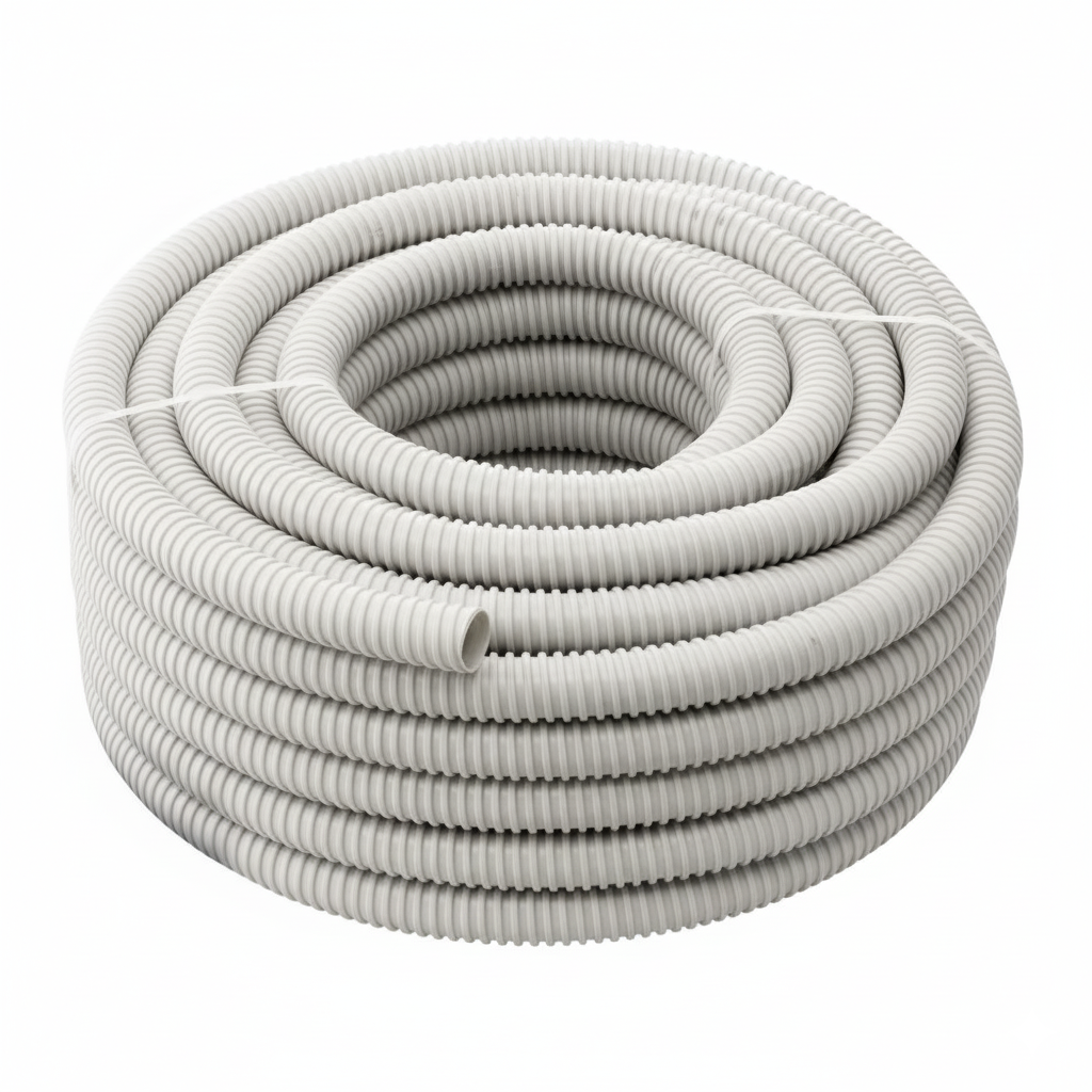 Coiled gray flexible hose on a white background
