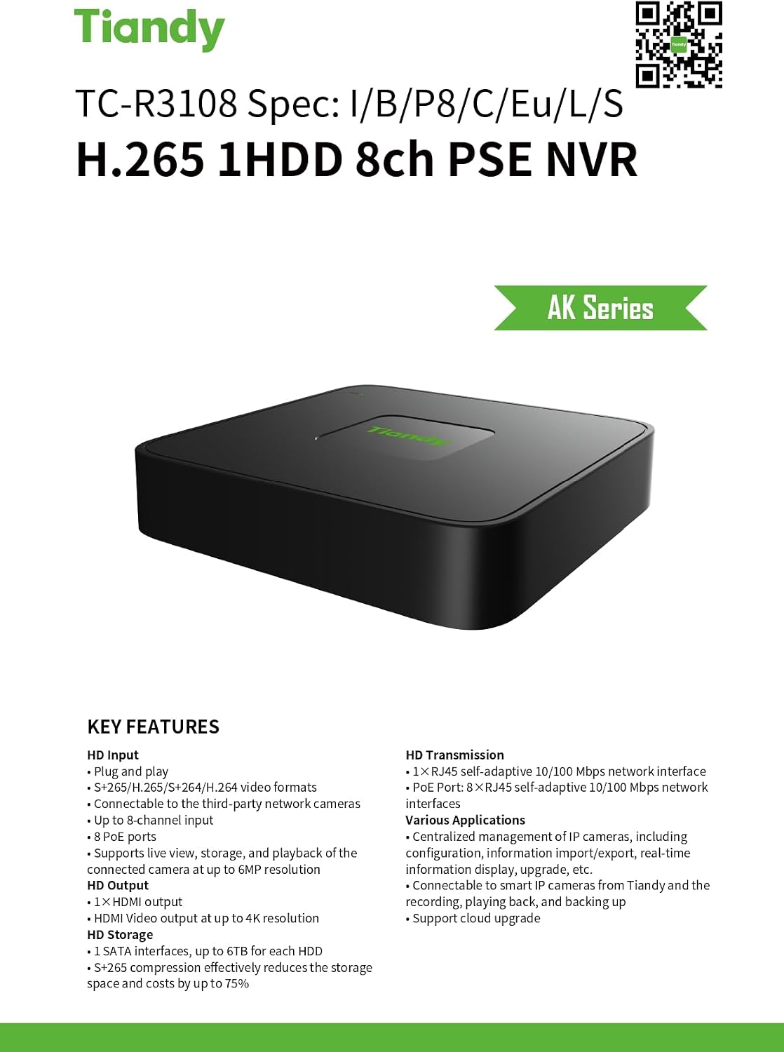 Tiandy TC-R3108 8-channel PSE NVR front view