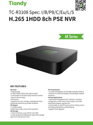 Tiandy TC-R3108 8-channel PSE NVR front view