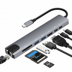 Multifunctional USB hub with various cables and cards on a white background