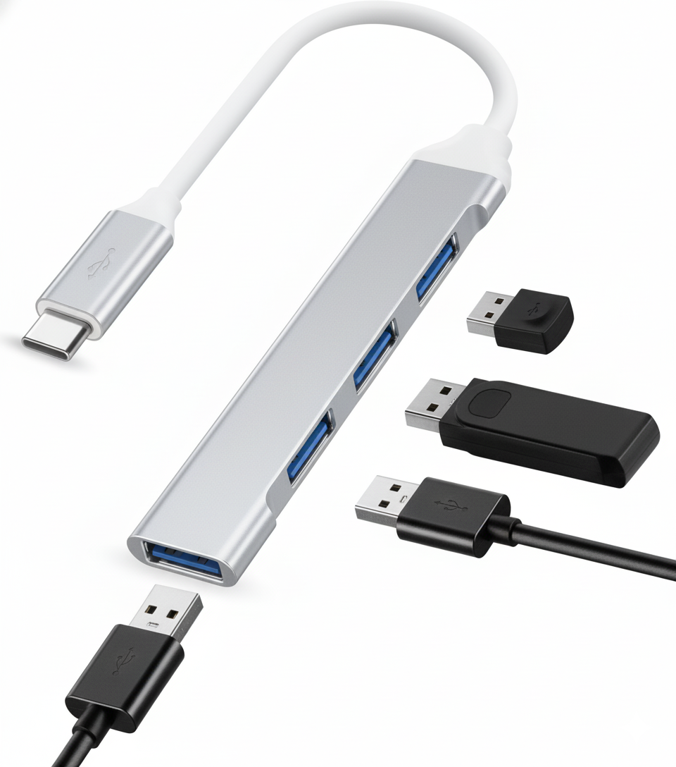 USB hub with multiple USB cables on a white background