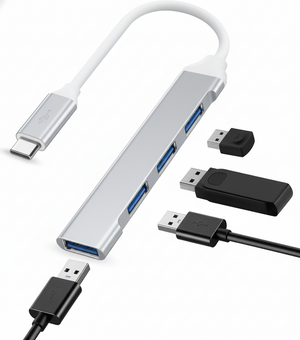 USB hub with multiple USB cables on a white background