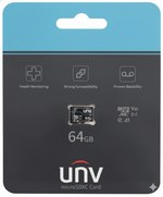 UNV microSDXC card packaging with specifications on a black background