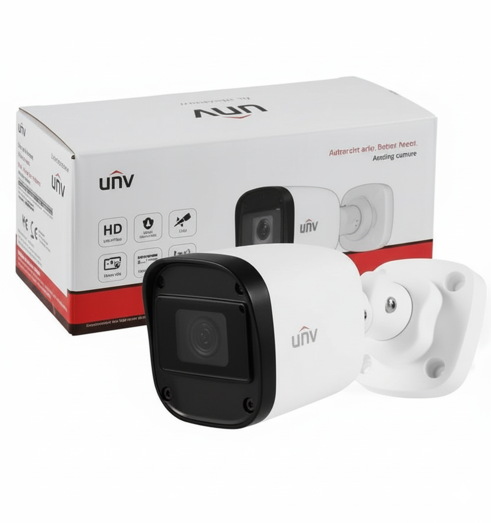UNV security camera system with two cameras and packaging on a white background