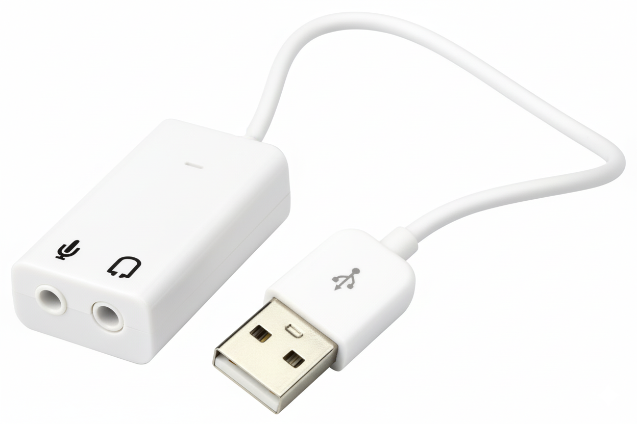 White USB audio adapter with cable on a white background