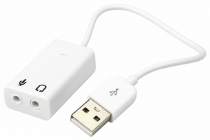 White USB audio adapter with cable on a white background