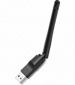 Black USB network adapter with antenna on a white background
