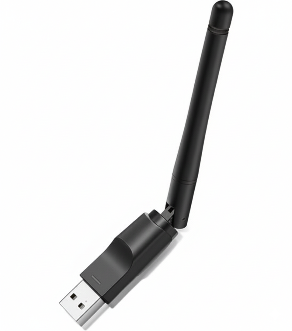 Black USB network adapter with antenna on a white background