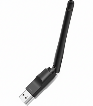 Black USB network adapter with antenna on a white background