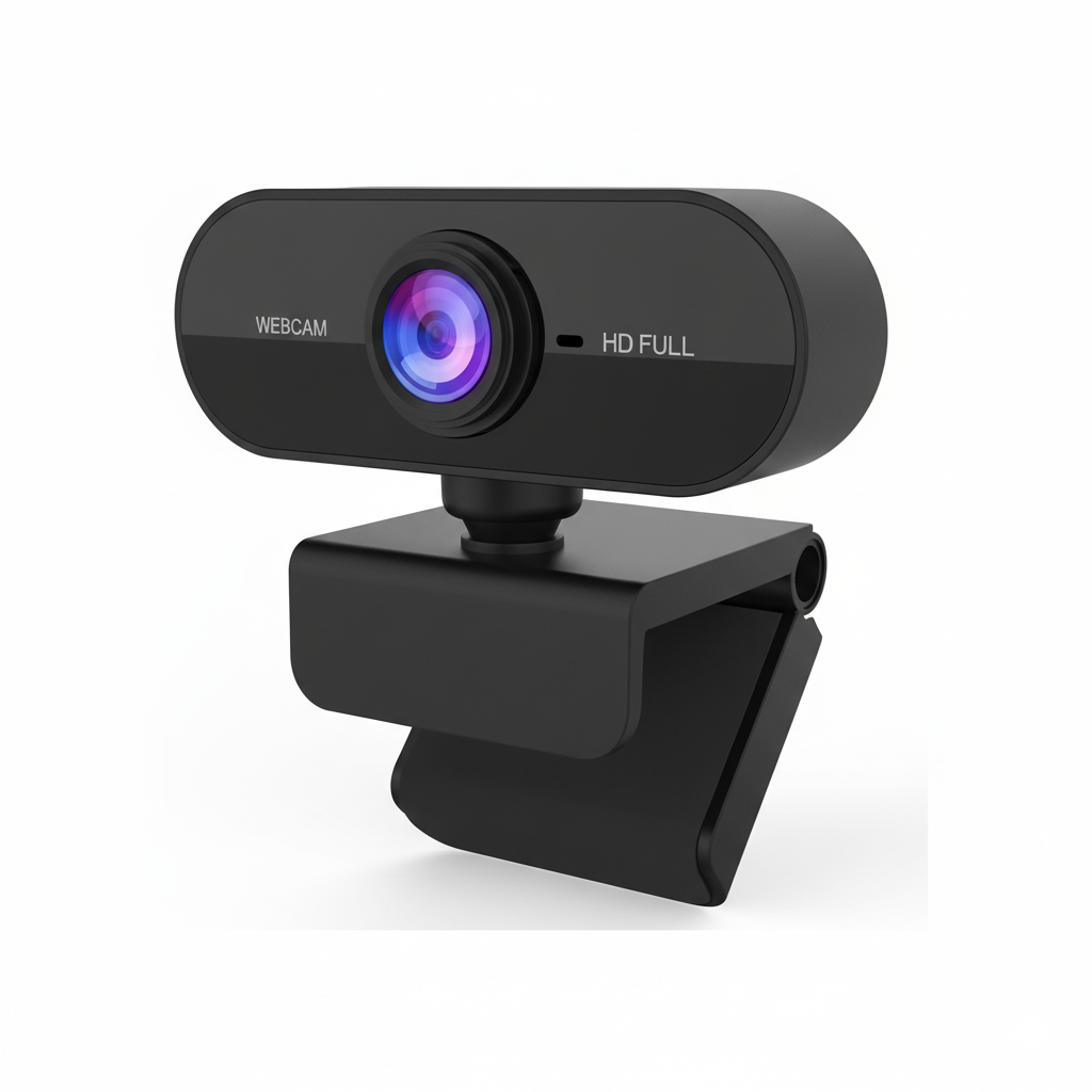 Black webcam with a purple lens on a white background