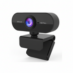 Black webcam with a purple lens on a white background
