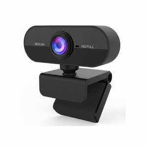 Black webcam with a purple lens on a white background