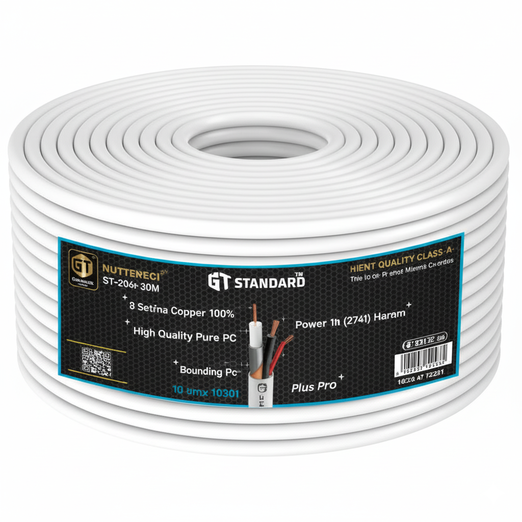 Coiled cable with a label on a white background