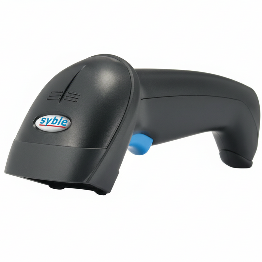 Black barcode scanner with blue accent on a white background, featuring the syble logo.
