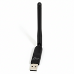 Black USB network adapter with antenna on a white background