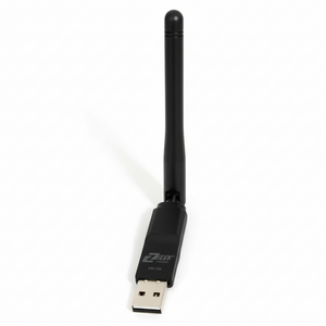 Black USB network adapter with antenna on a white background