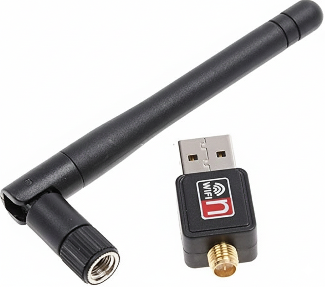 USB WiFi adapter with antenna on a white background
